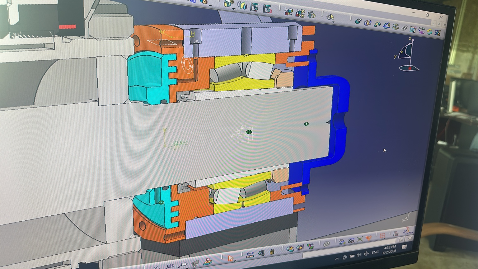 Section view of shaft and bearing arrangement in CAD